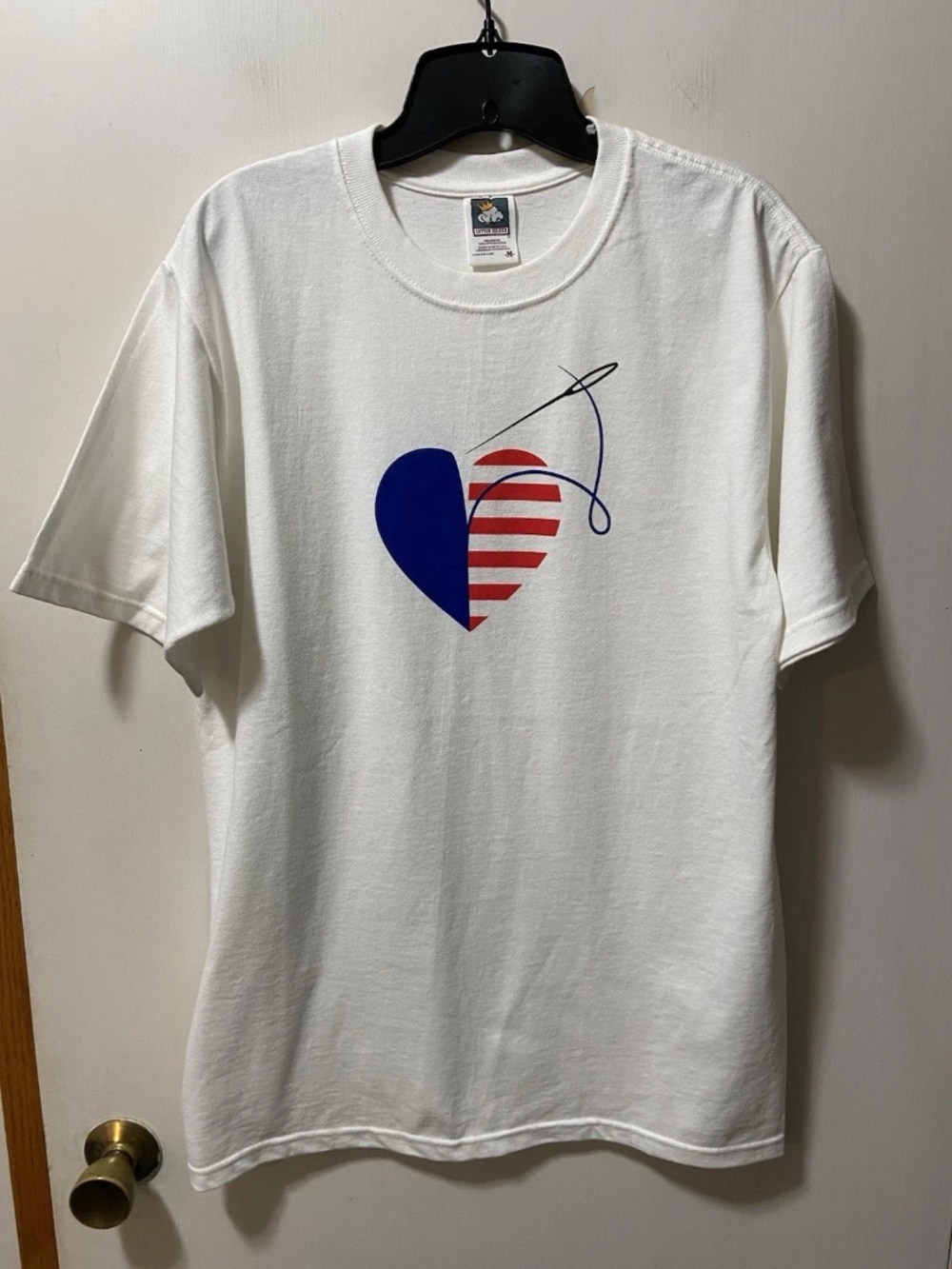 Vogue White Short Sleeve Tee with Blue & Red Heart Graphic
